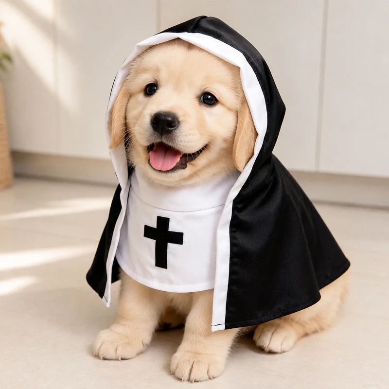Costume D'Halloween Pour Animaux De Compagnie, Vêtements Amusants Pour Chien Et Chat, Cape De Cosplay De Nonne, Costume Noir Et Blanc, Robe De Fête Pour Chiot Et Chaton