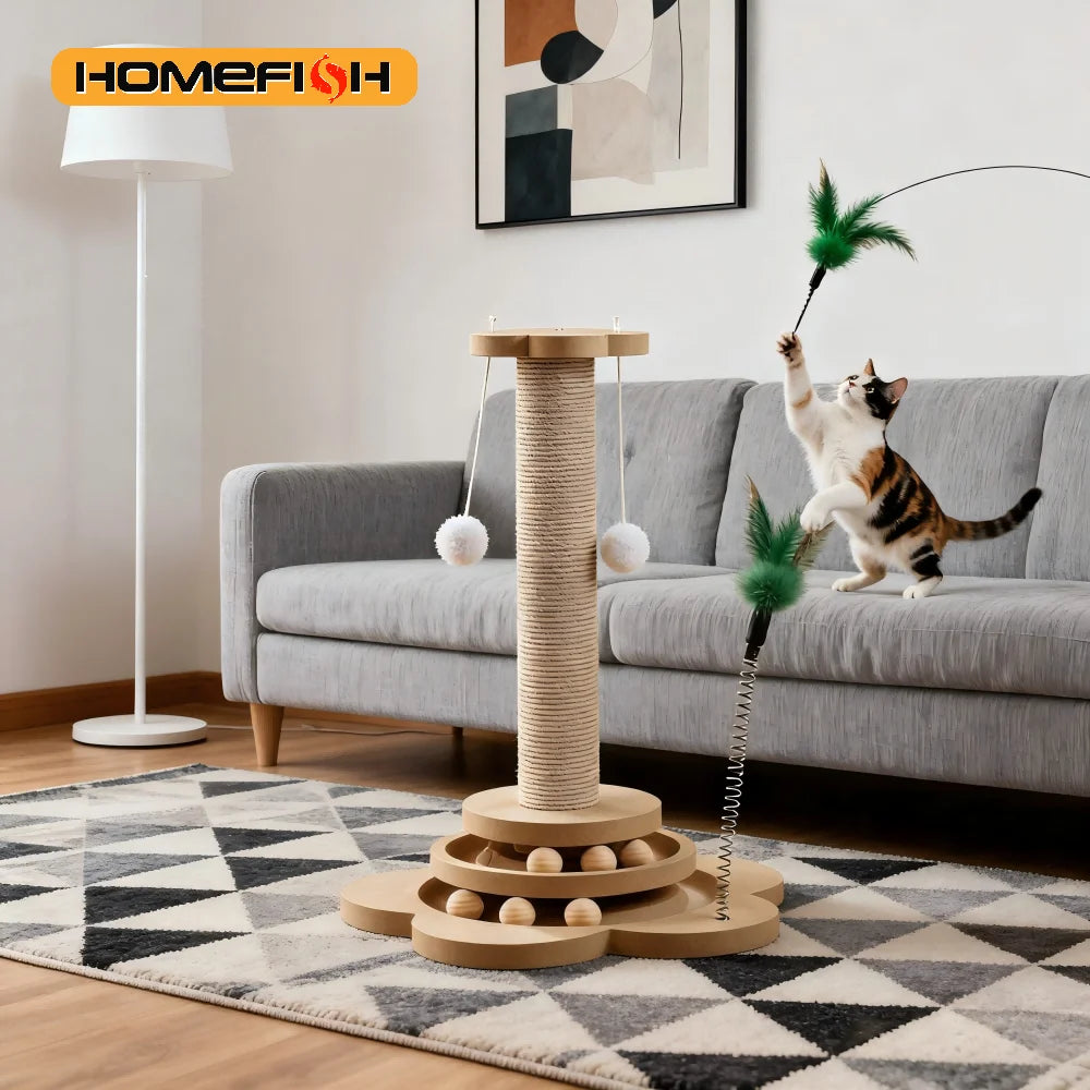 Jouet Pour Chat En Bois Massif, Plateau Tournant Amusant Avec Balles, Griffoir Durable En Sisal, Colonne D'Agitation Pour Chat, Accessoires Pour Chat