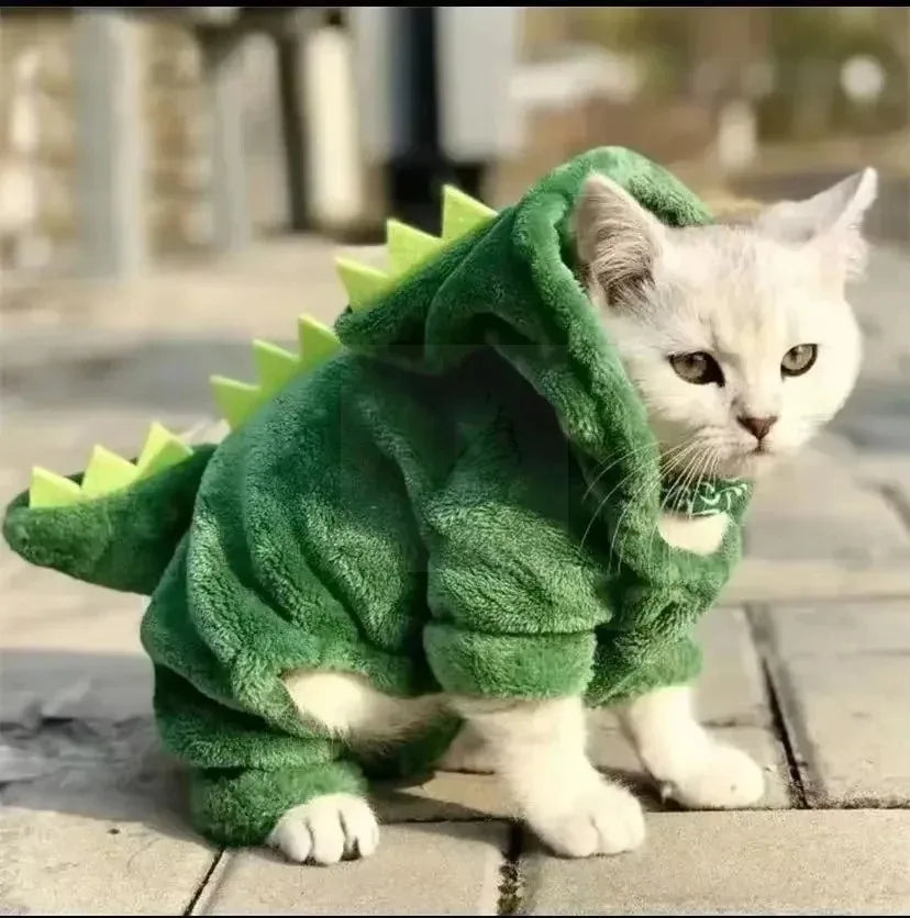 Costume Amusant De Dinosaure Pour Animaux De Compagnie, Pull Chaud En Polaire À Capuche Pour Petits Chiens Et Chats, Tenue De Cosplay Mignonne Pour L'Hiver Et Halloween