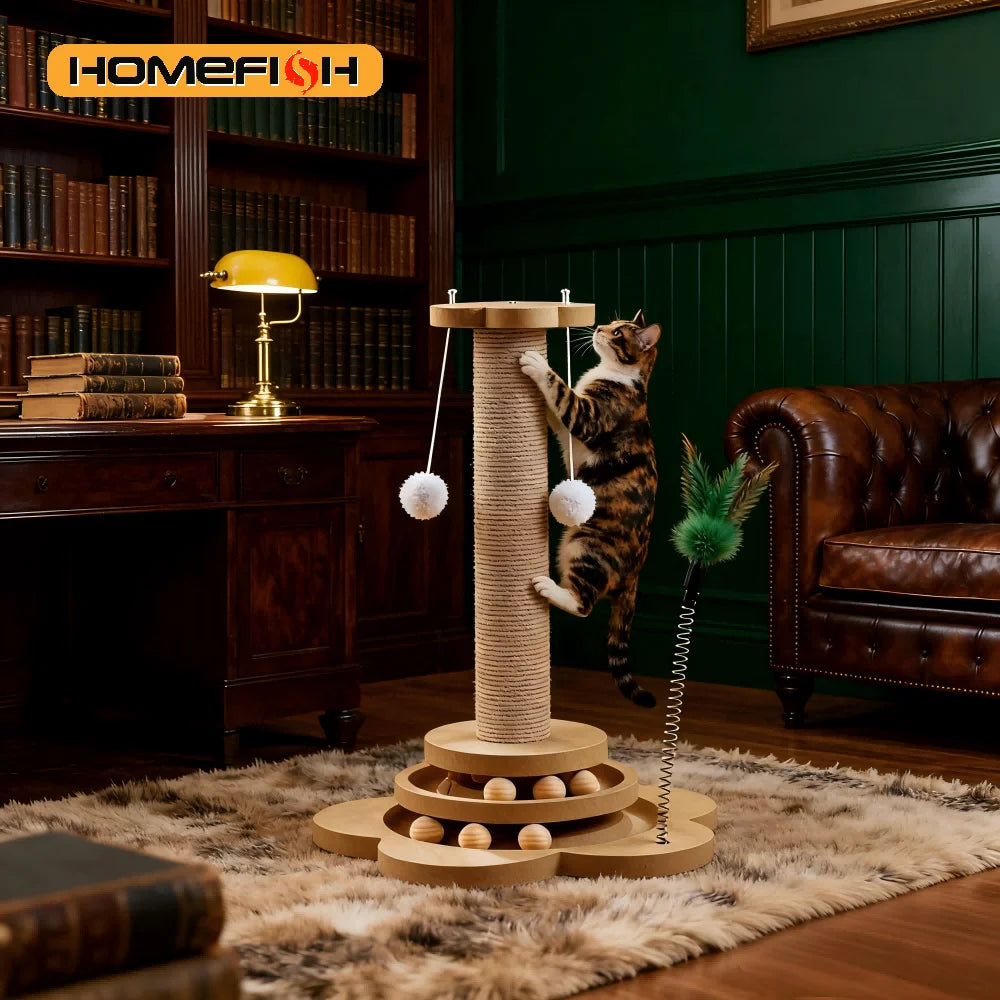 Jouet Pour Chat En Bois Massif, Plateau Tournant Amusant Avec Balles, Griffoir Durable En Sisal, Colonne D'Agitation Pour Chat, Accessoires Pour Chat