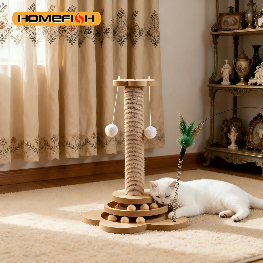 Jouet Pour Chat En Bois Massif, Plateau Tournant Amusant Avec Balles, Griffoir Durable En Sisal, Colonne D'Agitation Pour Chat, Accessoires Pour Chat