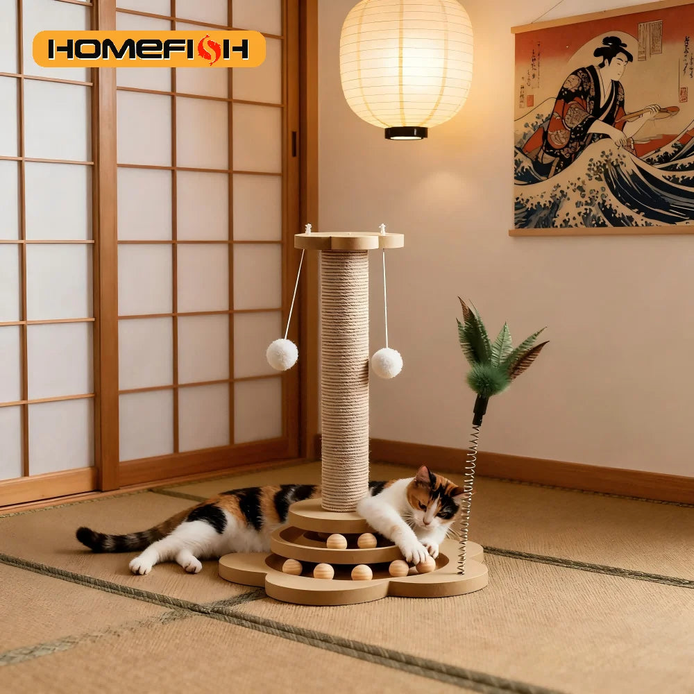 Jouet Pour Chat En Bois Massif, Plateau Tournant Amusant Avec Balles, Griffoir Durable En Sisal, Colonne D'Agitation Pour Chat, Accessoires Pour Chat