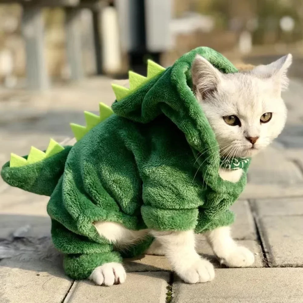 Costume Amusant De Dinosaure Pour Animaux De Compagnie, Pull Chaud En Polaire À Capuche Pour Petits Chiens Et Chats, Tenue De Cosplay Mignonne Pour L'Hiver Et Halloween