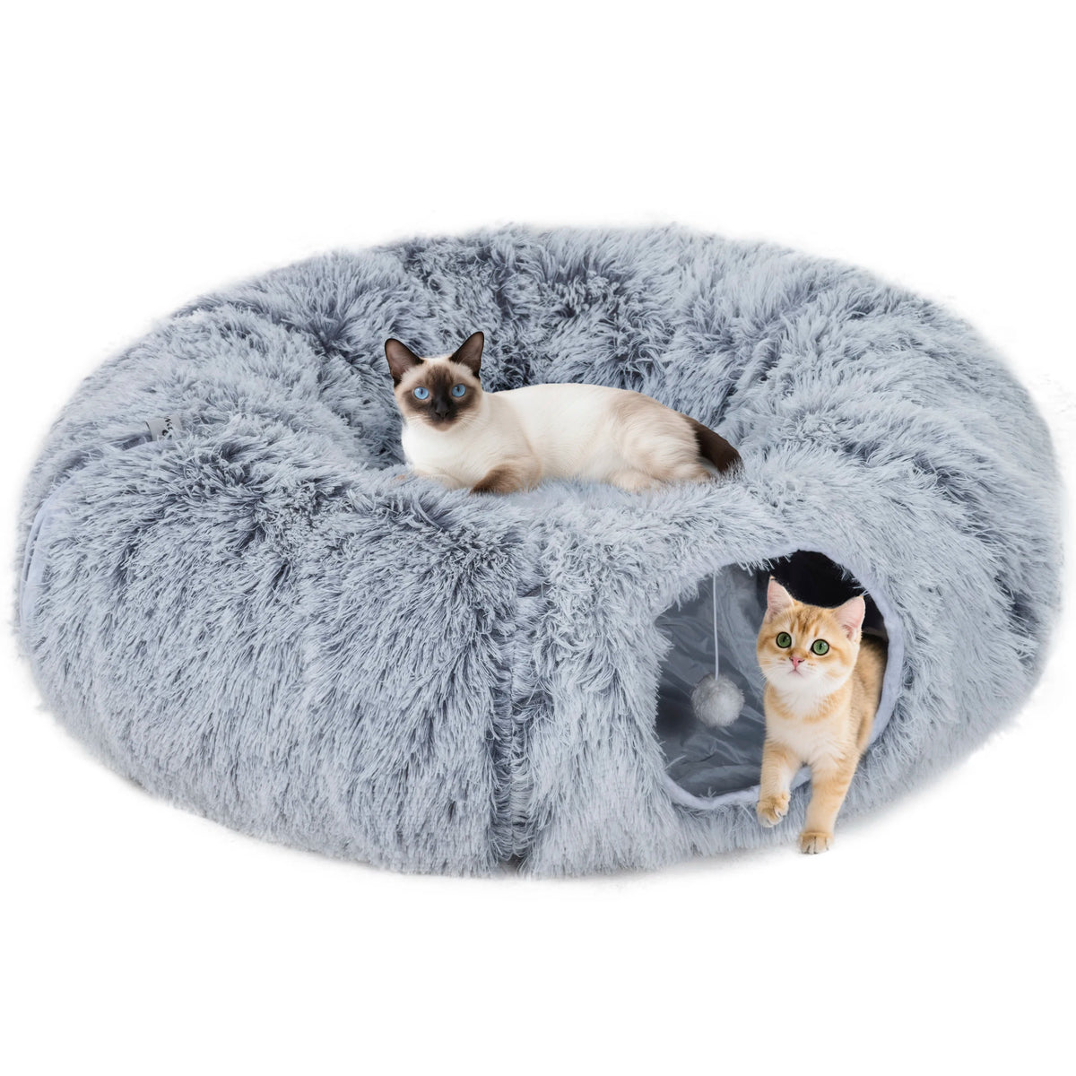 Tunnel Pour Chat Intérieur 2 En 1 Avec Lit De Chat En Tissu Suède Doux, Tunnel Chat Rond Pliable En Forme De Donut Avec Coussin Circulaire Lavable, Jouet Balle Et Trou D'Entrée, Gris Clair