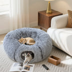 Tunnel Pour Chat Intérieur 2 En 1 Avec Lit De Chat En Tissu Suède Doux, Tunnel Chat Rond Pliable En Forme De Donut Avec Coussin Circulaire Lavable, Jouet Balle Et Trou D'Entrée, Gris Clair