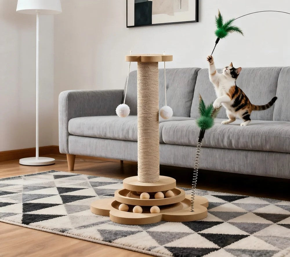 Griffoir en bois avec plateau à balles pour chat